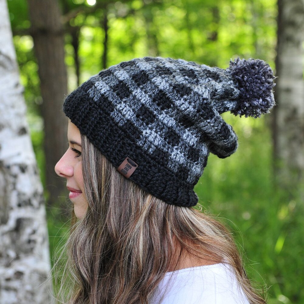 Handmade Cute Grey and Black Plaid Hat, Crochet Toque Made in Canada